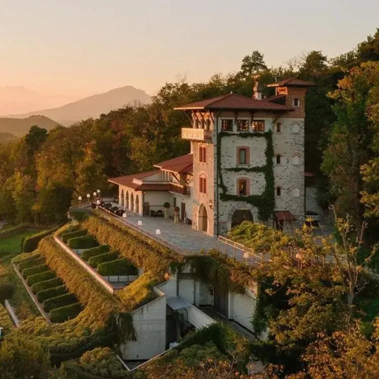 The restored tower and its terraces at sunset
